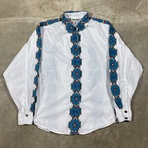 VTG Wrangler Aztec Western Shirt White Blue Hidden Button Men’s Small 90s